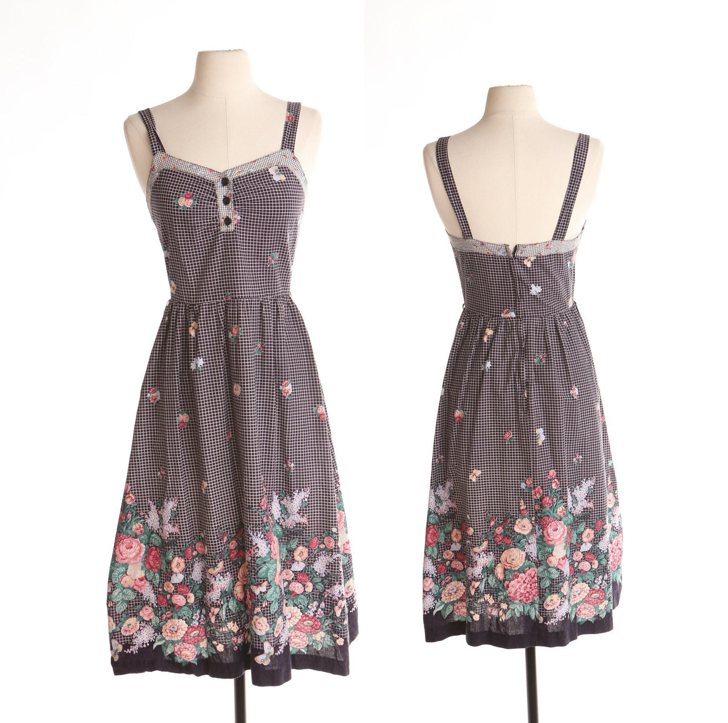 Vintage women 80's 90's floral print strap dress black plaid 70's summer