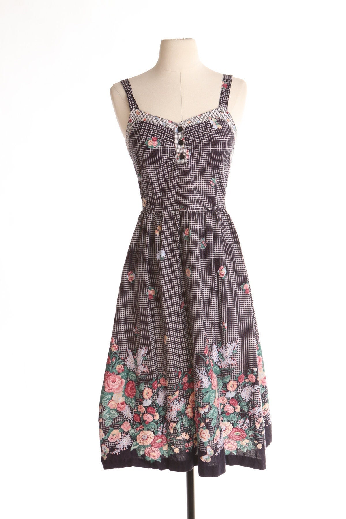 Vintage women 80's 90's floral print strap dress black plaid 70's summer