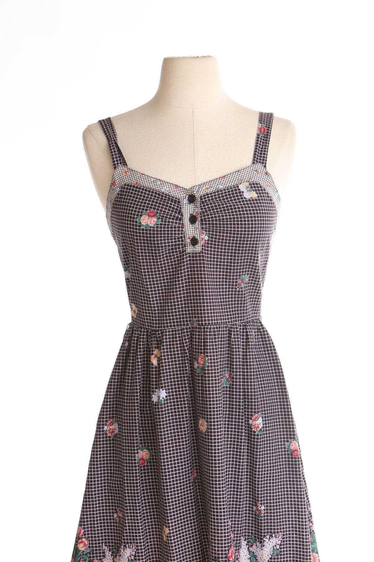 Vintage women 80's 90's floral print strap dress black plaid 70's summer