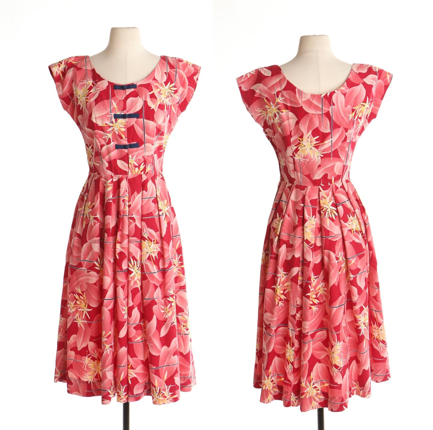 Vintage red hawaiian dress 40's 50's made in hawaii malihini label 12 pink up