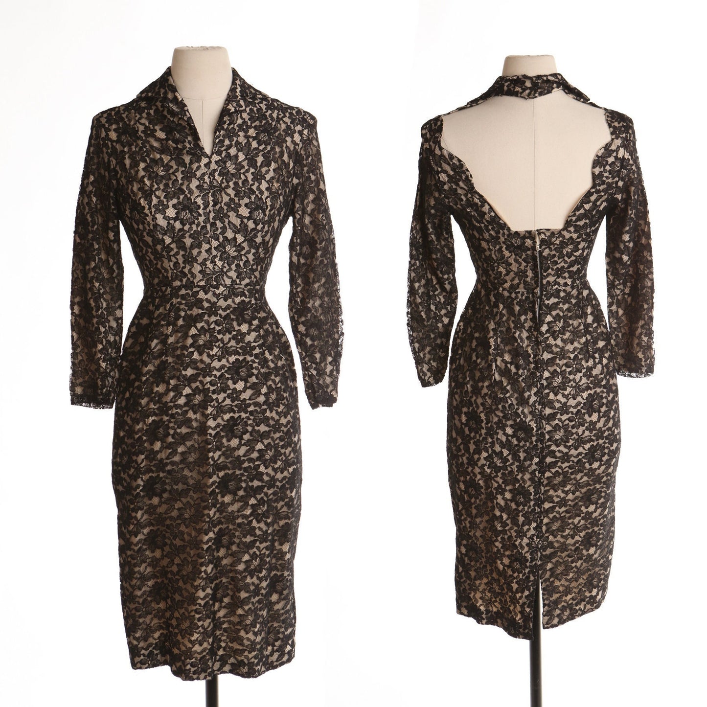 Vintage women 40's lace black dress long sleeve pinup casual foramal widow