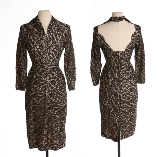 Vintage women 40's lace black dress long sleeve pinup casual foramal widow