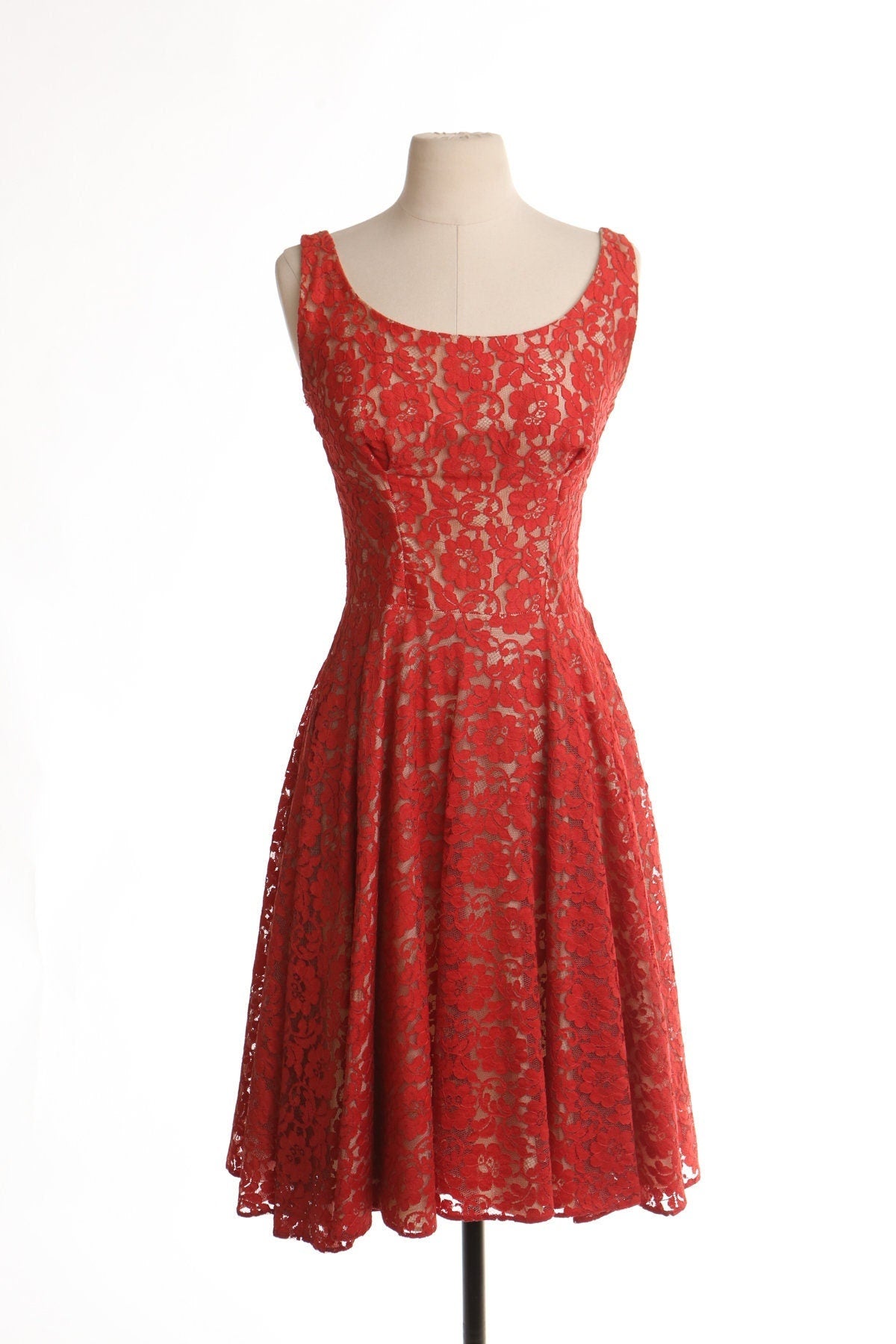 Vintage women 50's lace floral red dress strap 60's mad men