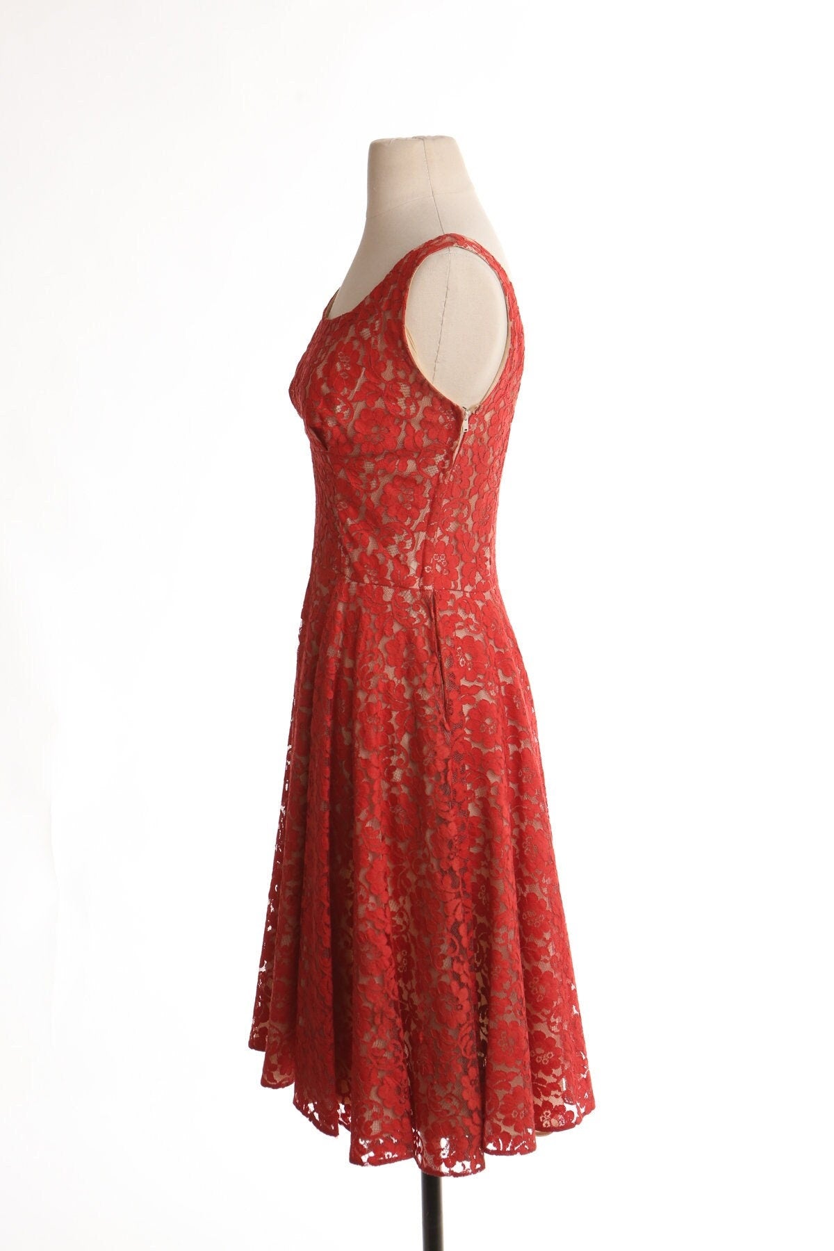Vintage women 50's lace floral red dress strap 60's mad men