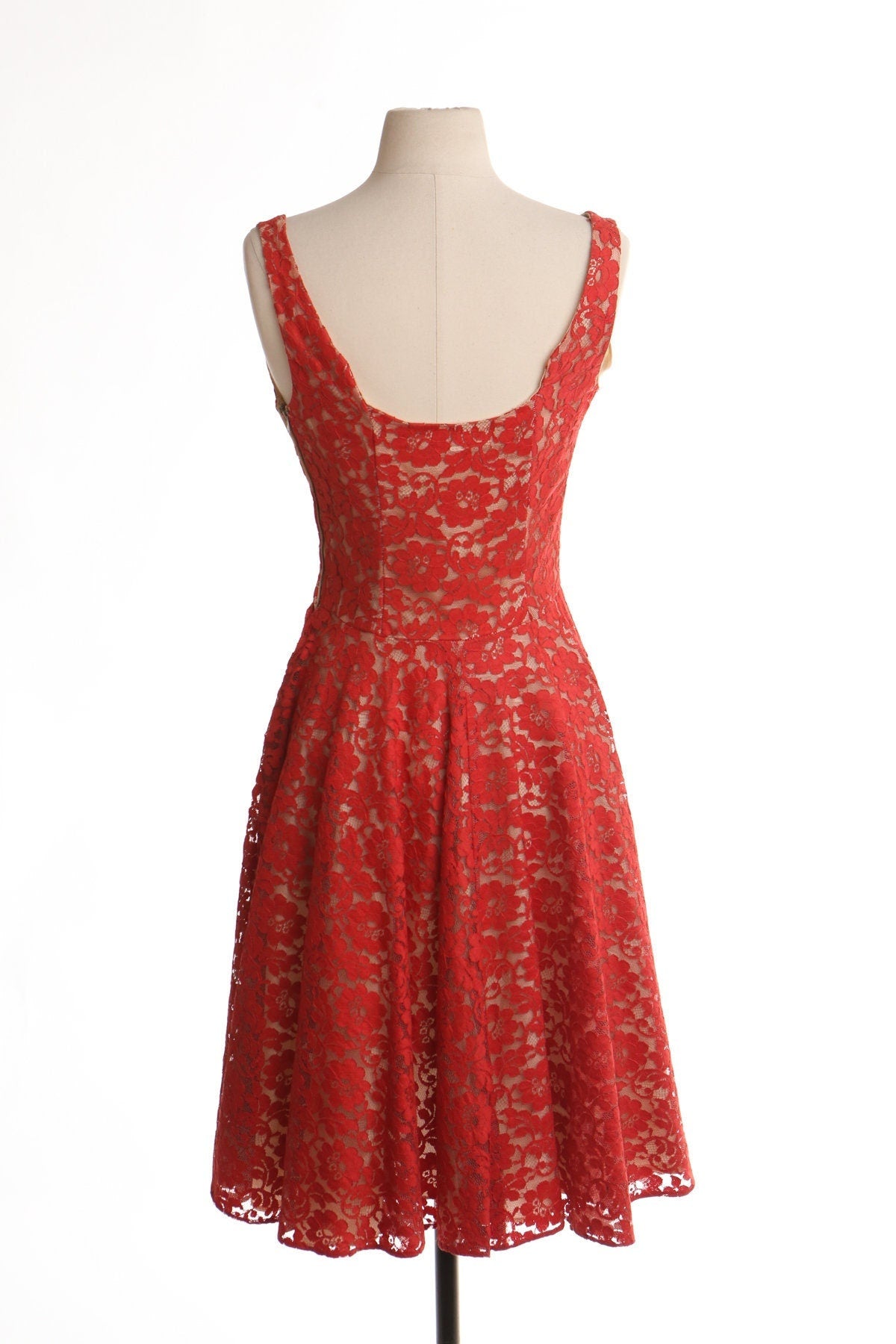 Vintage women 50's lace floral red dress strap 60's mad men