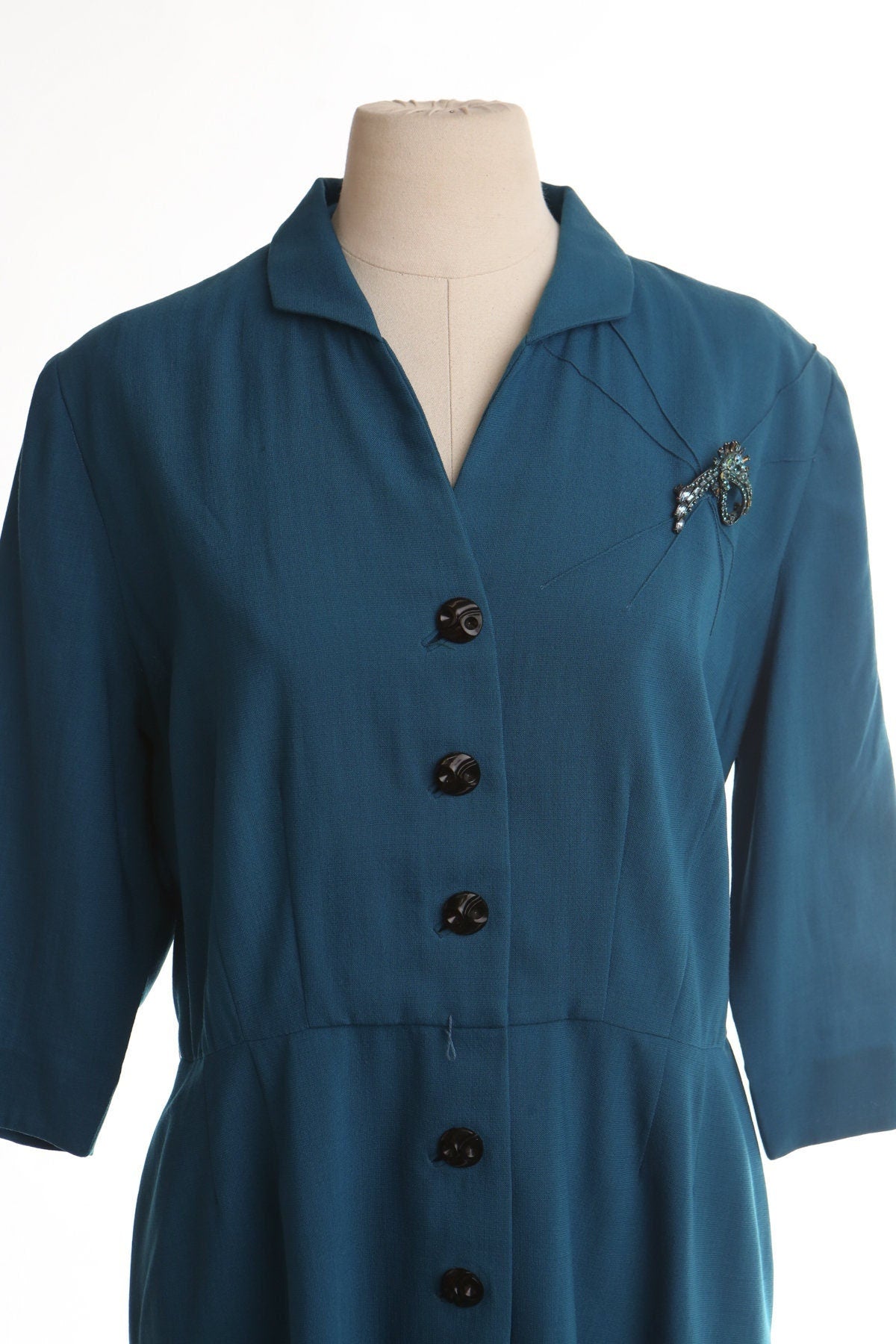 Vintage women casual 40's dress green formal button front