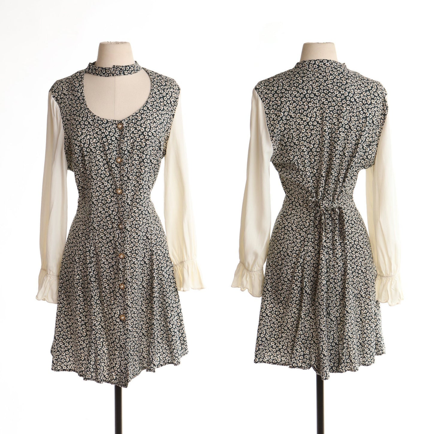 Vintage 90's floral print dress white gree button summer long sleeve