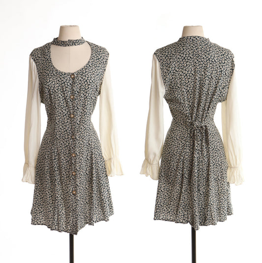 Vintage 90's floral print dress white gree button summer long sleeve