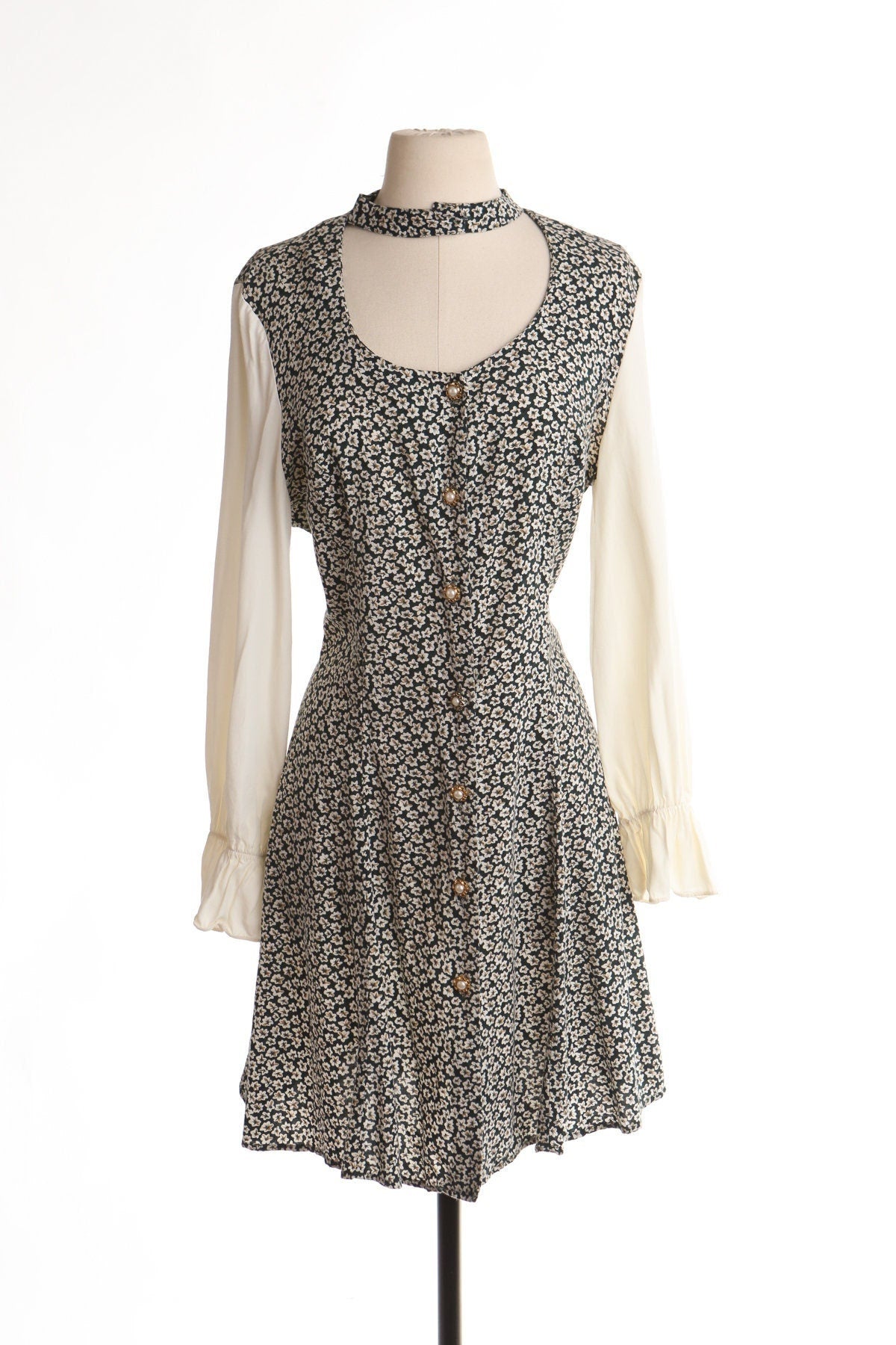 Vintage 90's floral print dress white gree button summer long sleeve