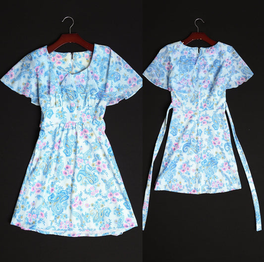 Vintage women 70's red paisley short floral print dress tie