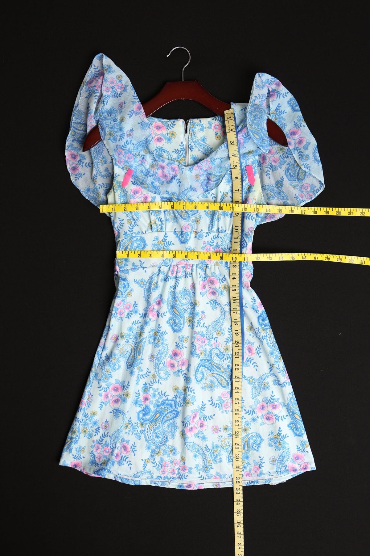 Vintage women 70's red paisley short floral print dress tie