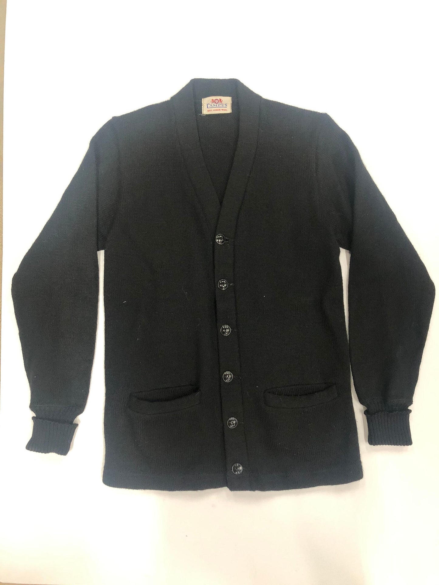 50s style campus label virgin wool cardigan button up black varsity vintage sweater