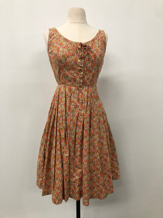 Steel zipper sided zipper summer green orange geometric print vintage dress 50s women