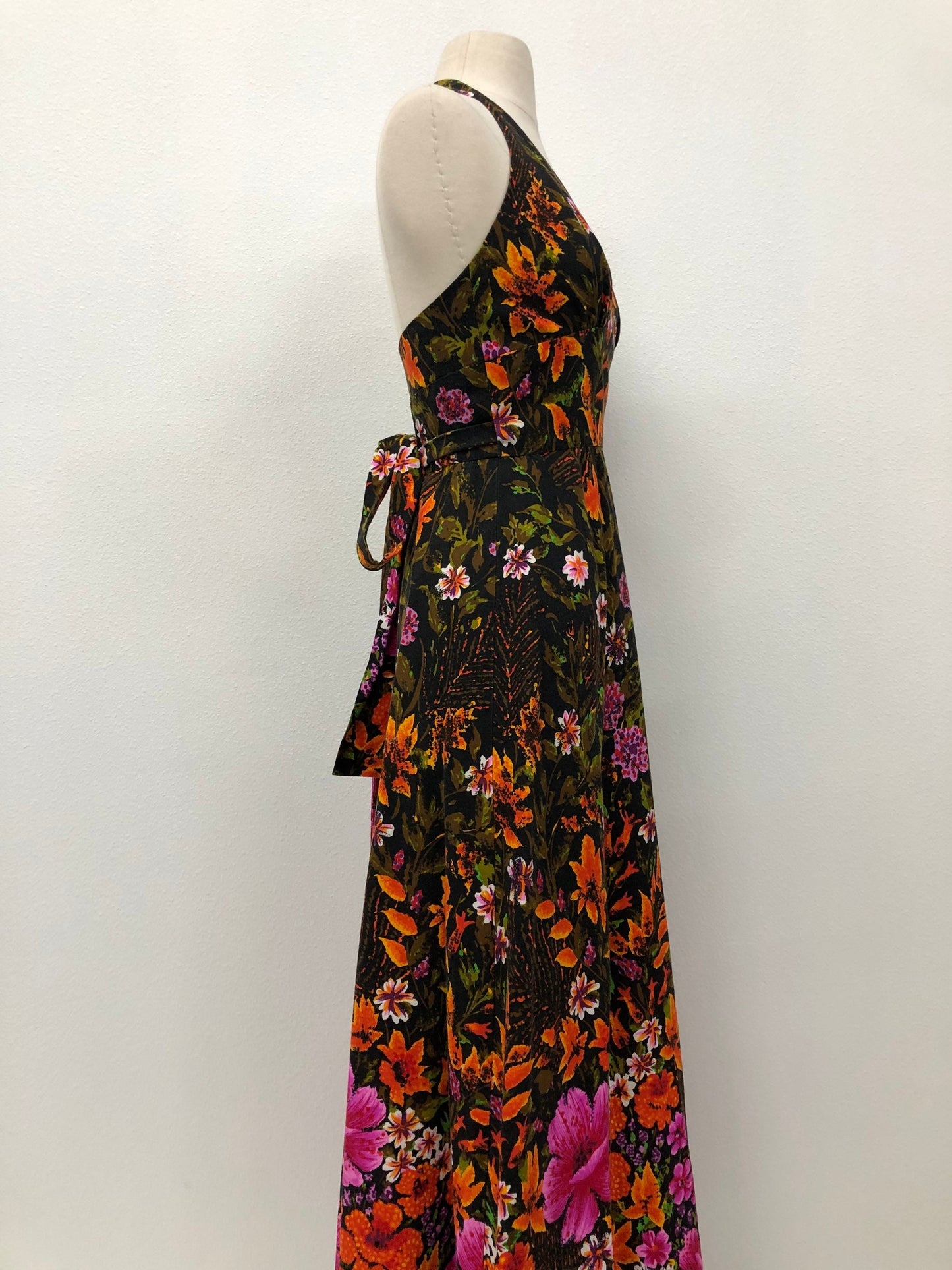 Wrap around summer yellow black long dress floral print hawaiian dress women vintage