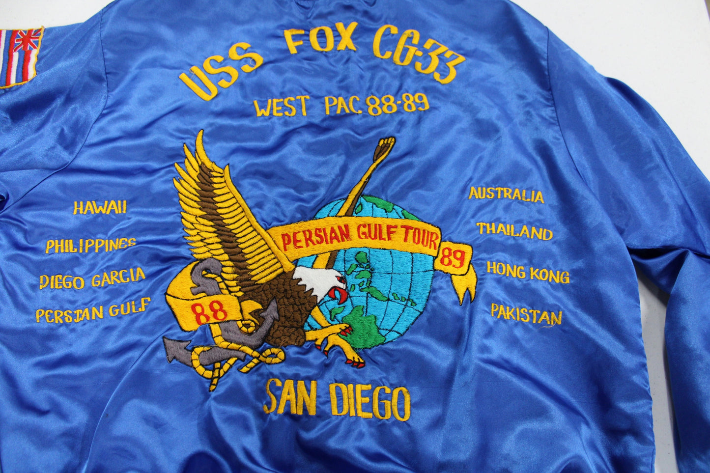 Vintage souvenir bomber jacket persian gulf 88 89 tour uss fox cg-33 hawaii san diego west pac