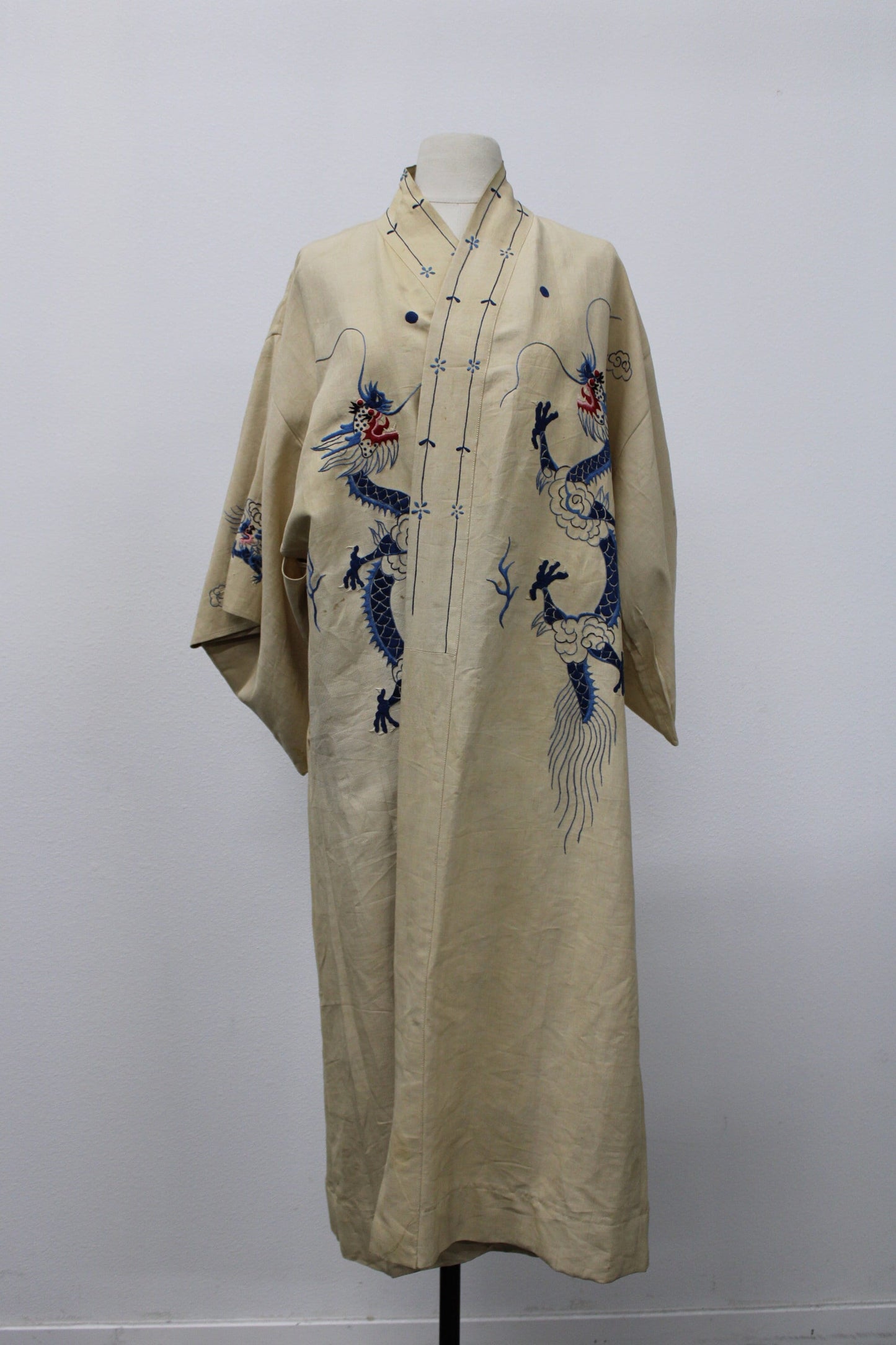 Kimono vintage embroidered dragon blue rare japanese robe antique collectible unique beige cloud