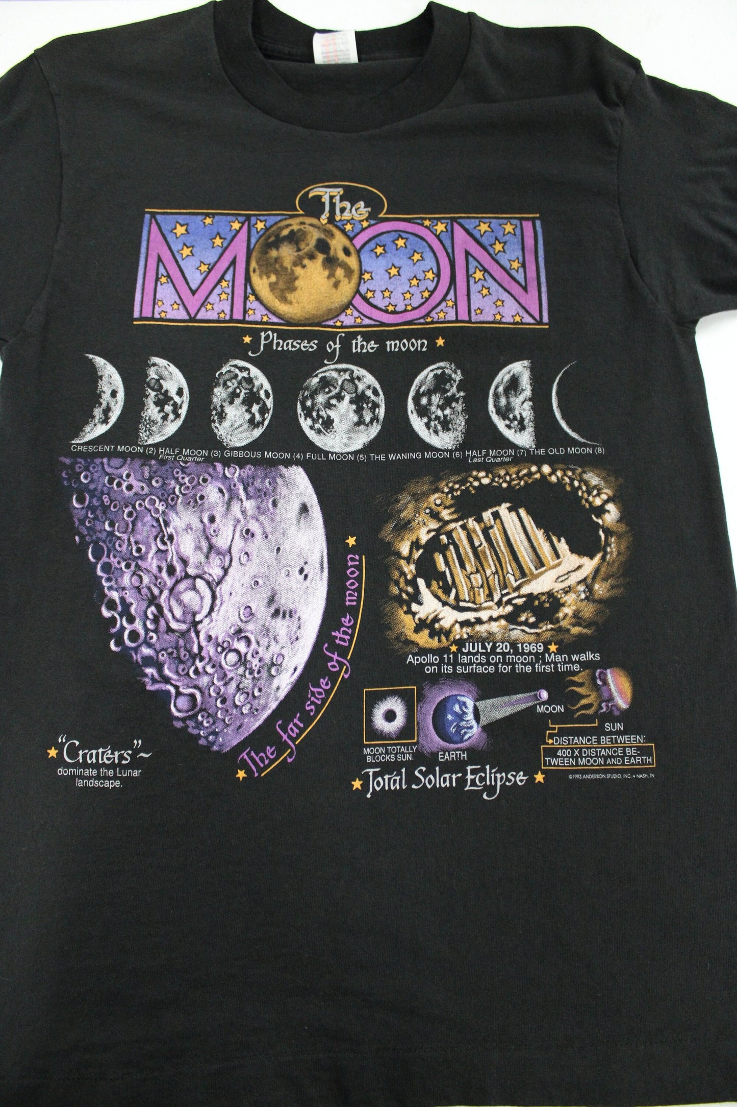 Vintage t-shirt phases of the moon solar eclipse july 20 1969 moon graphic rare black apollo 11 anderson studio inc 1993
