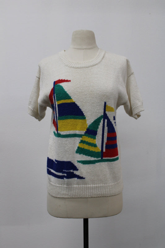 Women 90's boats print short sleeve crew neck sweater casual beach flag ship cardigan