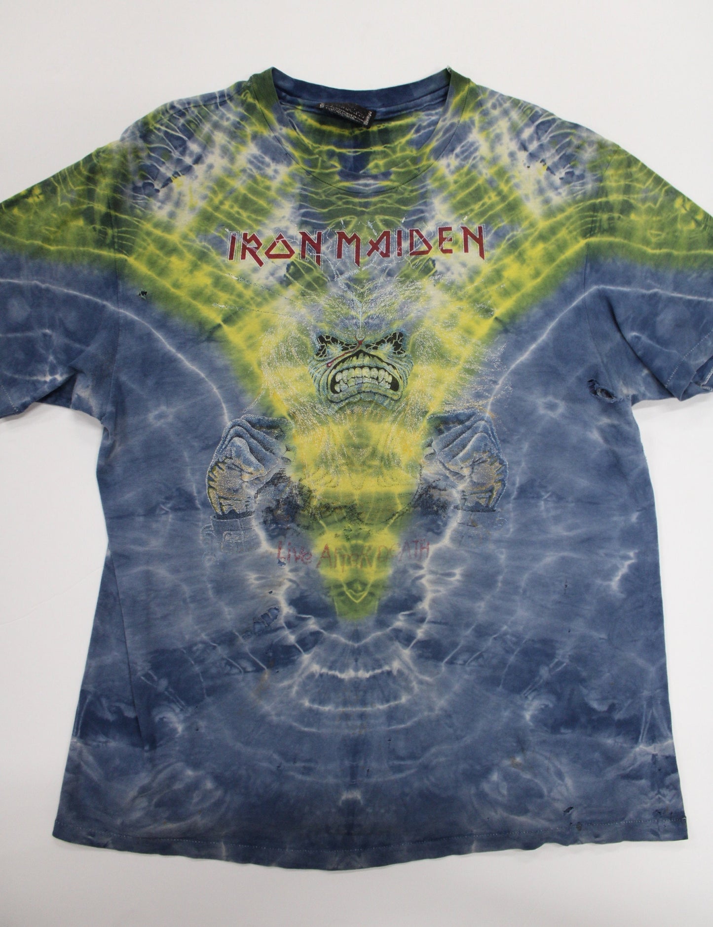 Iron maiden tie dye vintage t-shirt rare distressed 80's blue green symmetria