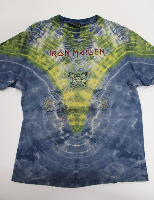 Iron maiden tie dye vintage t-shirt rare distressed 80's blue green symmetria