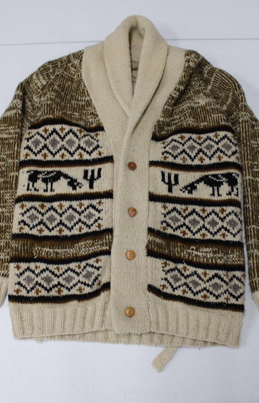 Vintage men 70's open button up v neck sweater western cow print waist belt