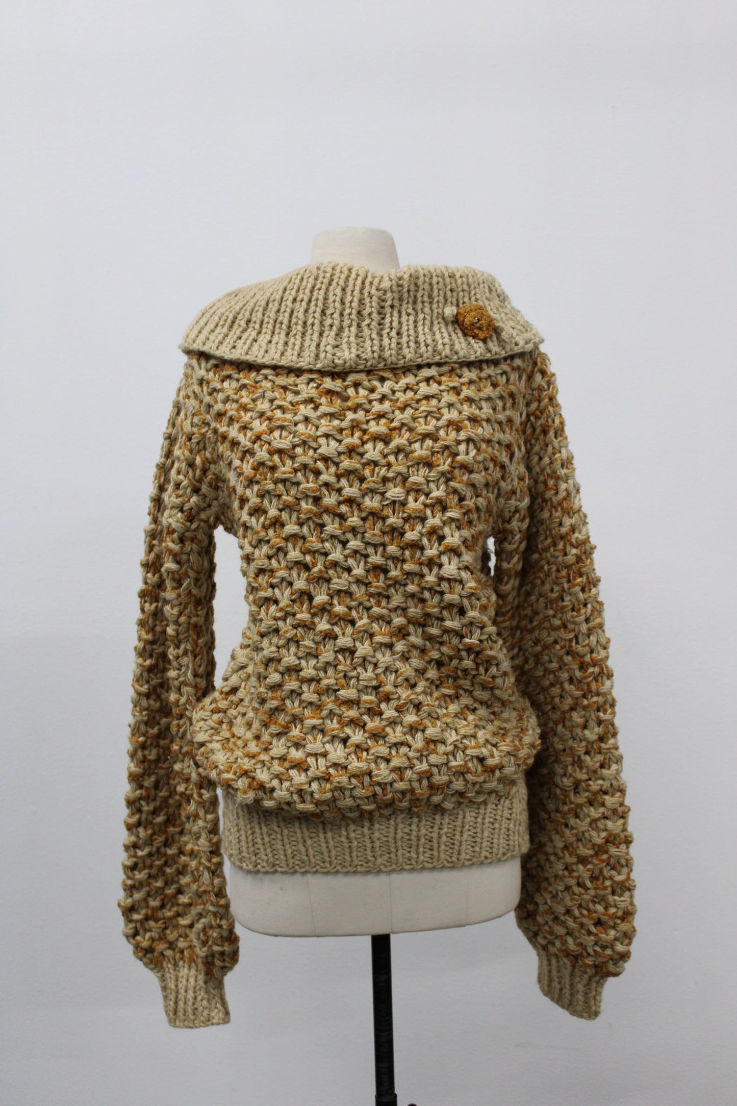 Vintage hand knit off shoulder sweater women beige brown flower turtle neck