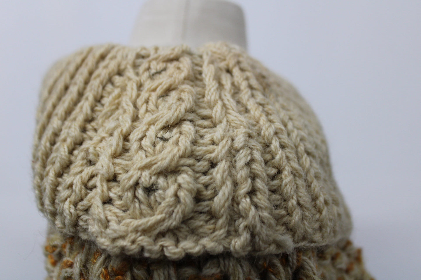 Vintage hand knit off shoulder sweater women beige brown flower turtle neck