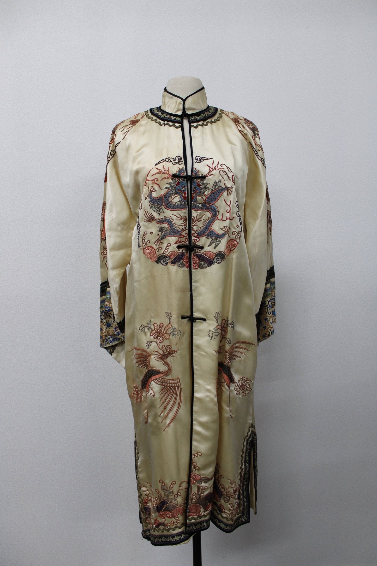 Chinese embroidered robe dragon cheongsam coat vintage rare women satin antique