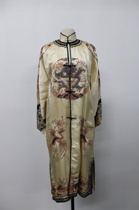 Chinese embroidered robe dragon cheongsam coat vintage rare women satin antique