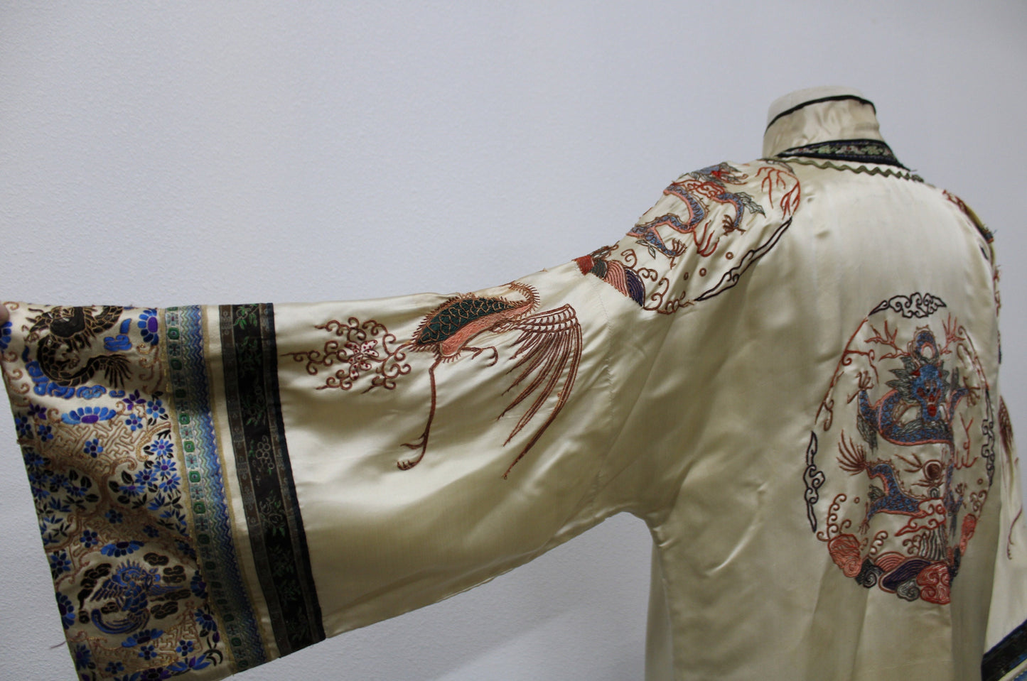 Chinese embroidered robe dragon cheongsam coat vintage rare women satin antique