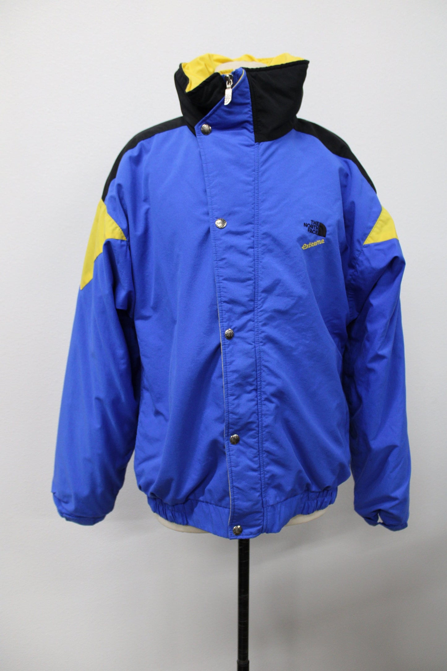 North face jacket extreme edition blue yellow bomber winter unisex double zipper snap closure black lining