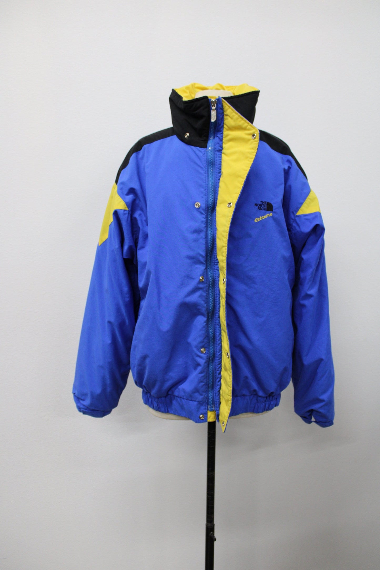 North face jacket extreme edition blue yellow bomber winter unisex double zipper snap closure black lining