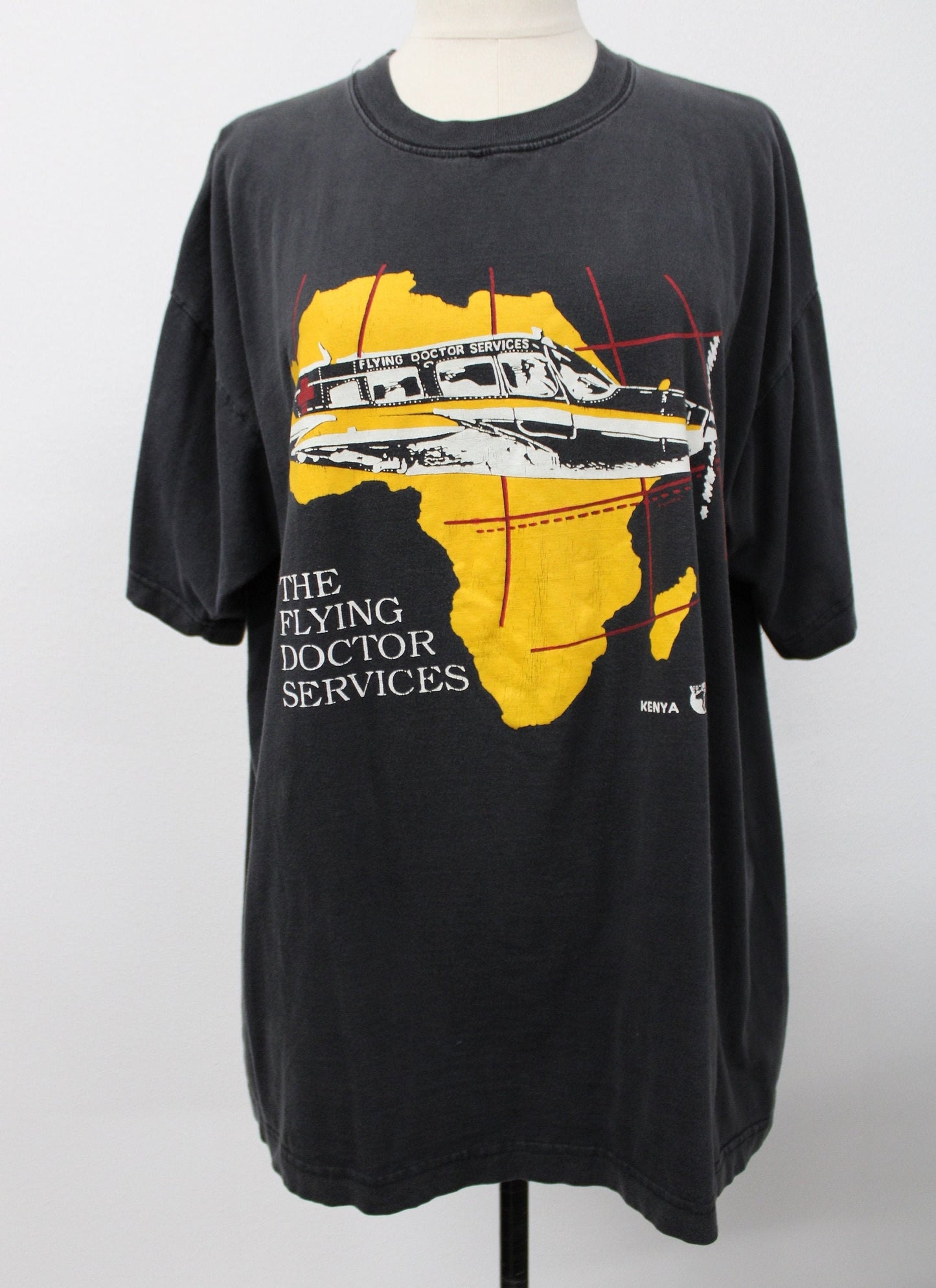 African kenya missionary vintage t-shirt ariplane doctor graphic black yellow rare services