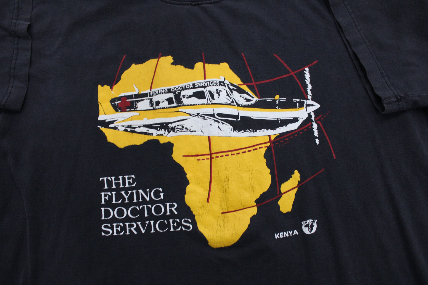 African kenya missionary vintage t-shirt ariplane doctor graphic black yellow rare services