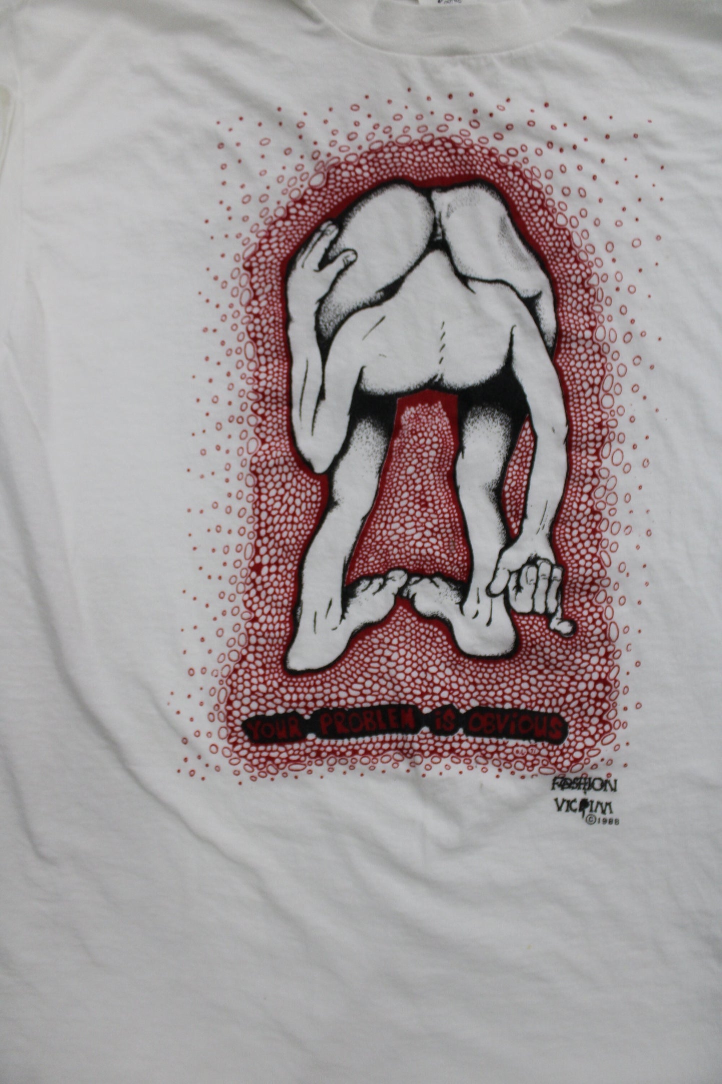 Vintage graphic t-shirt made in usa fashion victim 1988 white red human body body print body head rare 80s - 90s