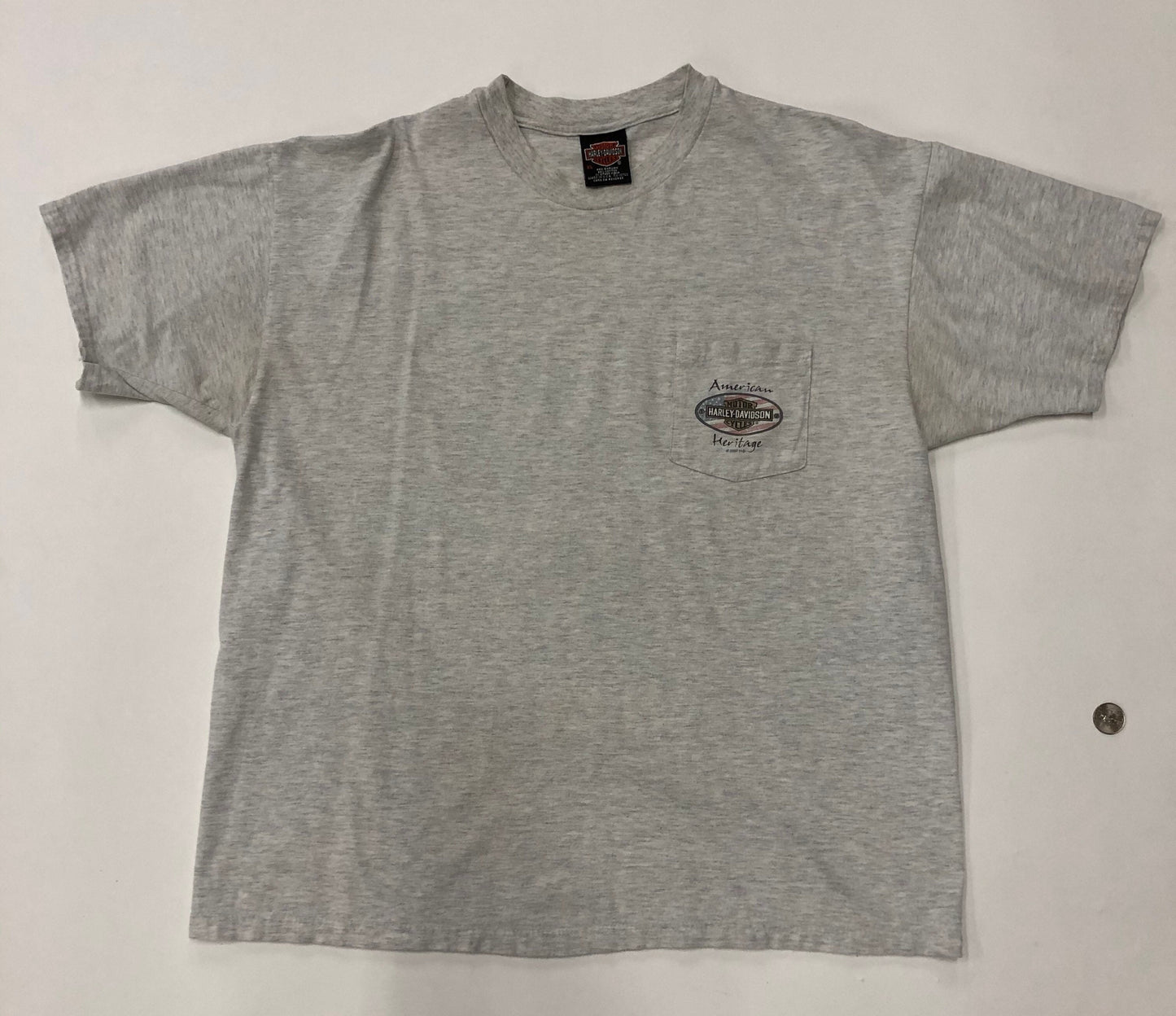 Front pocket vintage american heritage made in usa 1998 brothers branford ct gray t-shirt harley davidson