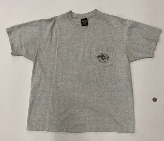 Front pocket vintage american heritage made in usa 1998 brothers branford ct gray t-shirt harley davidson