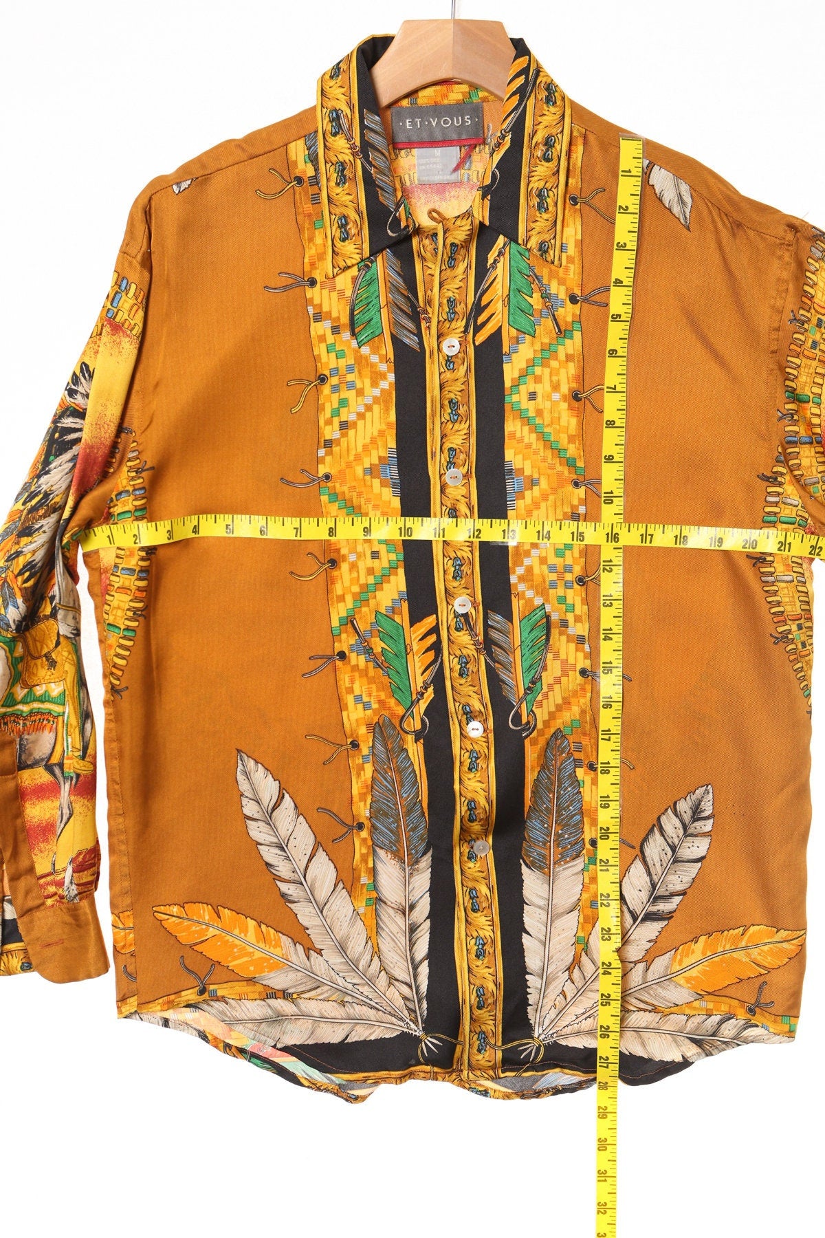 Vintage men long sleeve orange native american print chief et vous shirt baroque 90's y2k