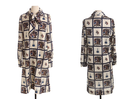 Vintage 70's summer beige casual dress women 60's mod neck tie scarf