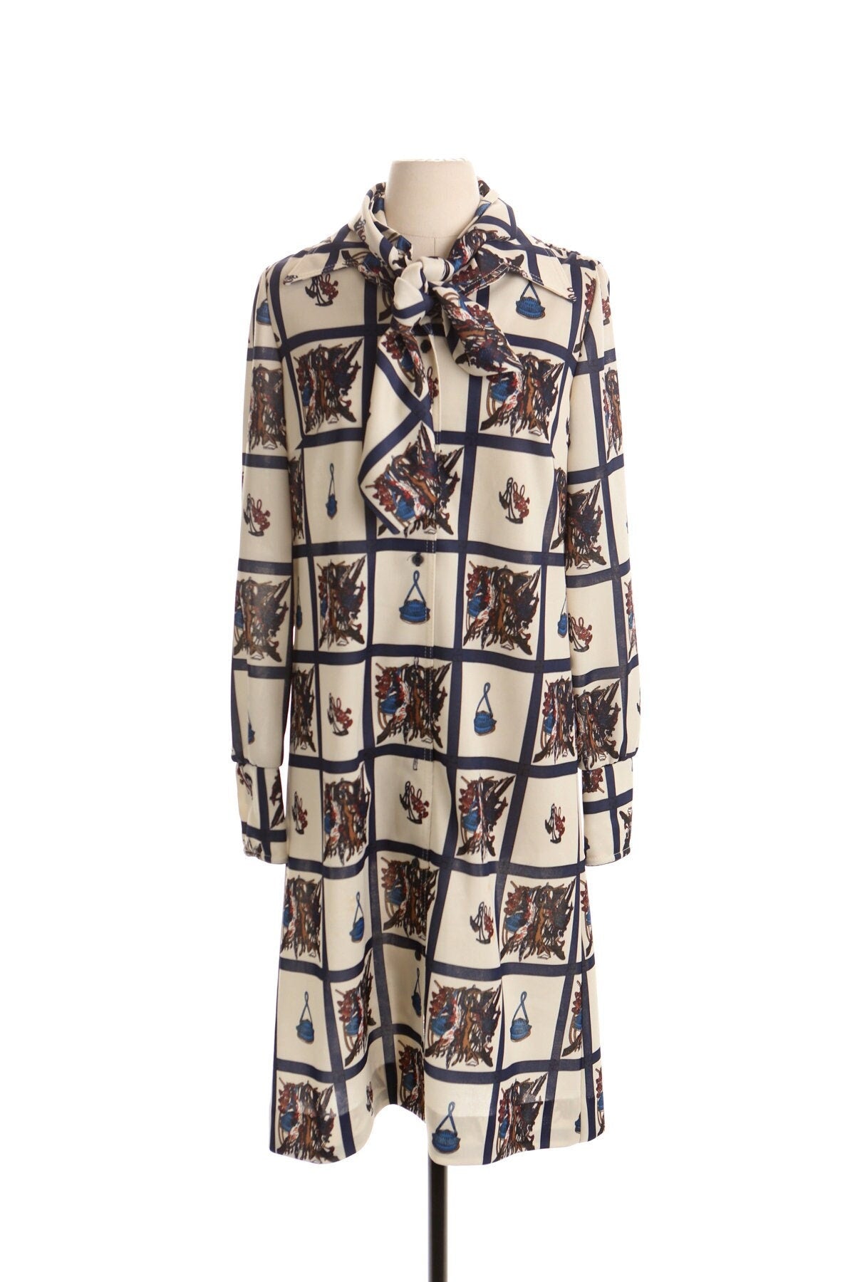 Vintage 70's summer beige casual dress women 60's mod neck tie scarf