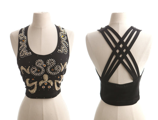 Vintage 90's studded selena black silver golden women top pearl beaded