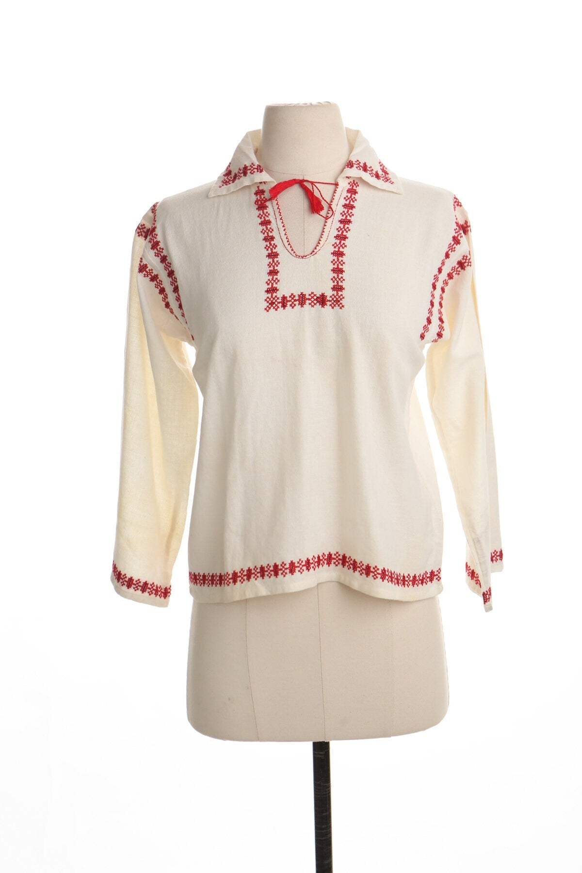 Vintage women blouse top ethnic embroidered white red tie neck