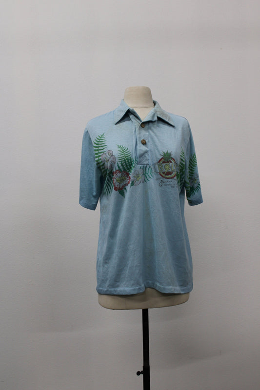 Hawaiian shirt vintage lighting bolt 70's surfing t-shirt blue wooden buttons
