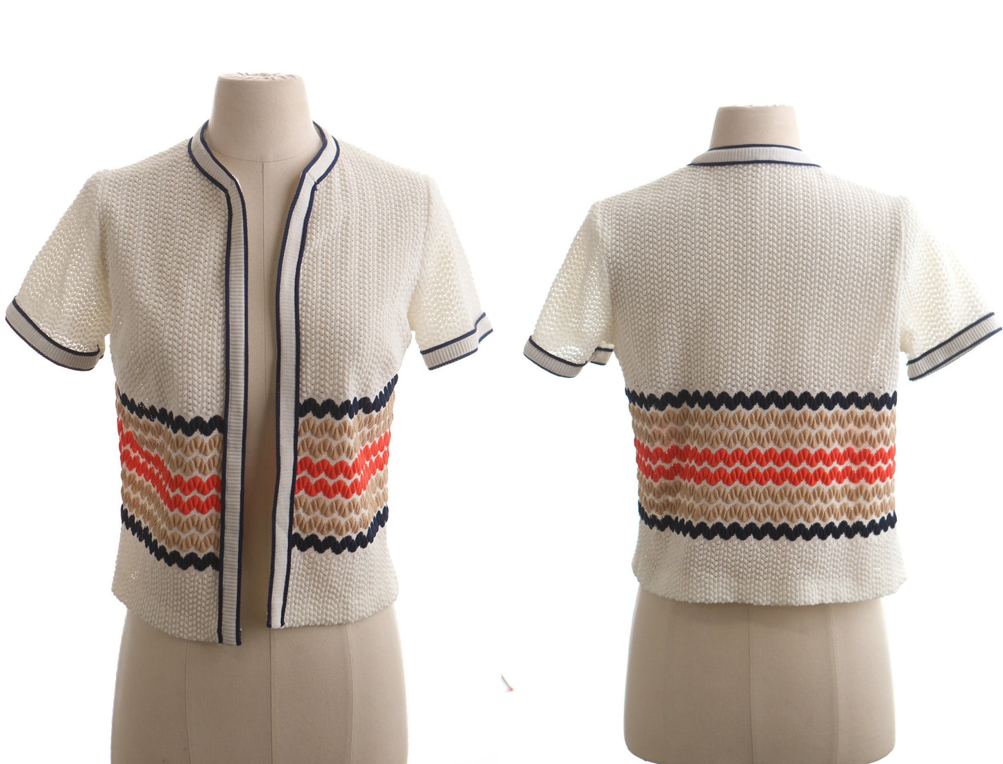 Vintage women 70's polyester white striped no clousure top blouse 60's