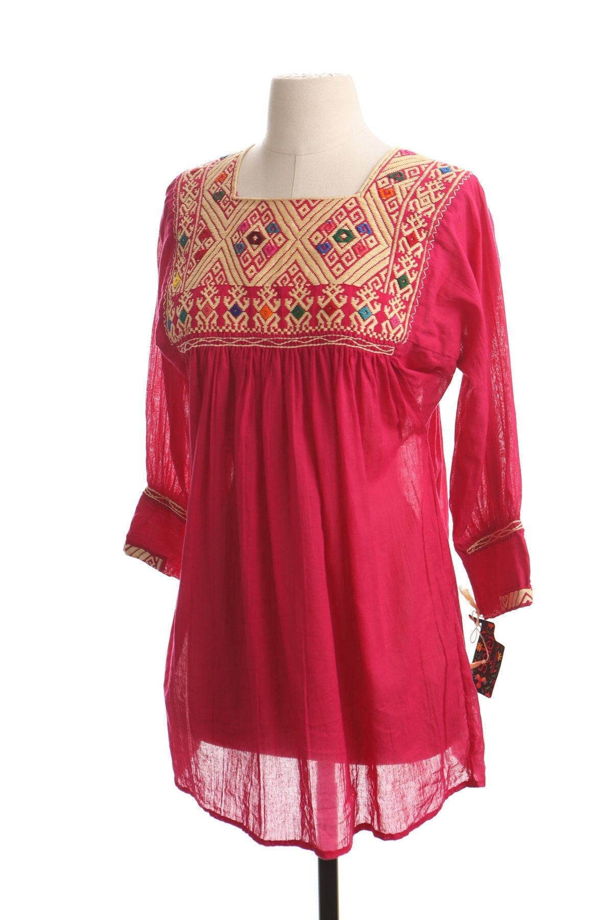 Vintage women pink embroidered blouse ethnic mexican 70's boho bohemian top