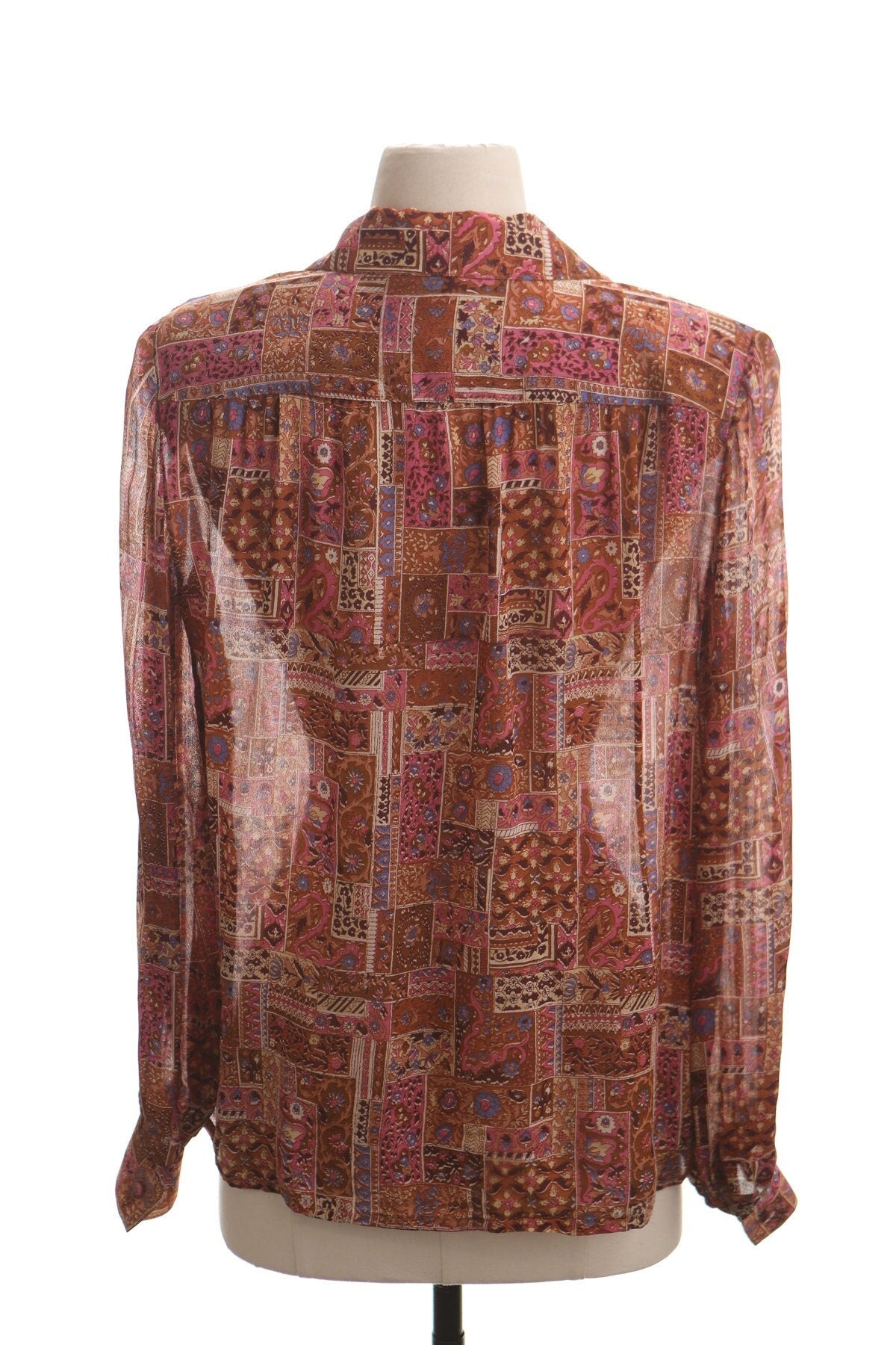 Vintage women brown pink blouse blazer block print floral 90's