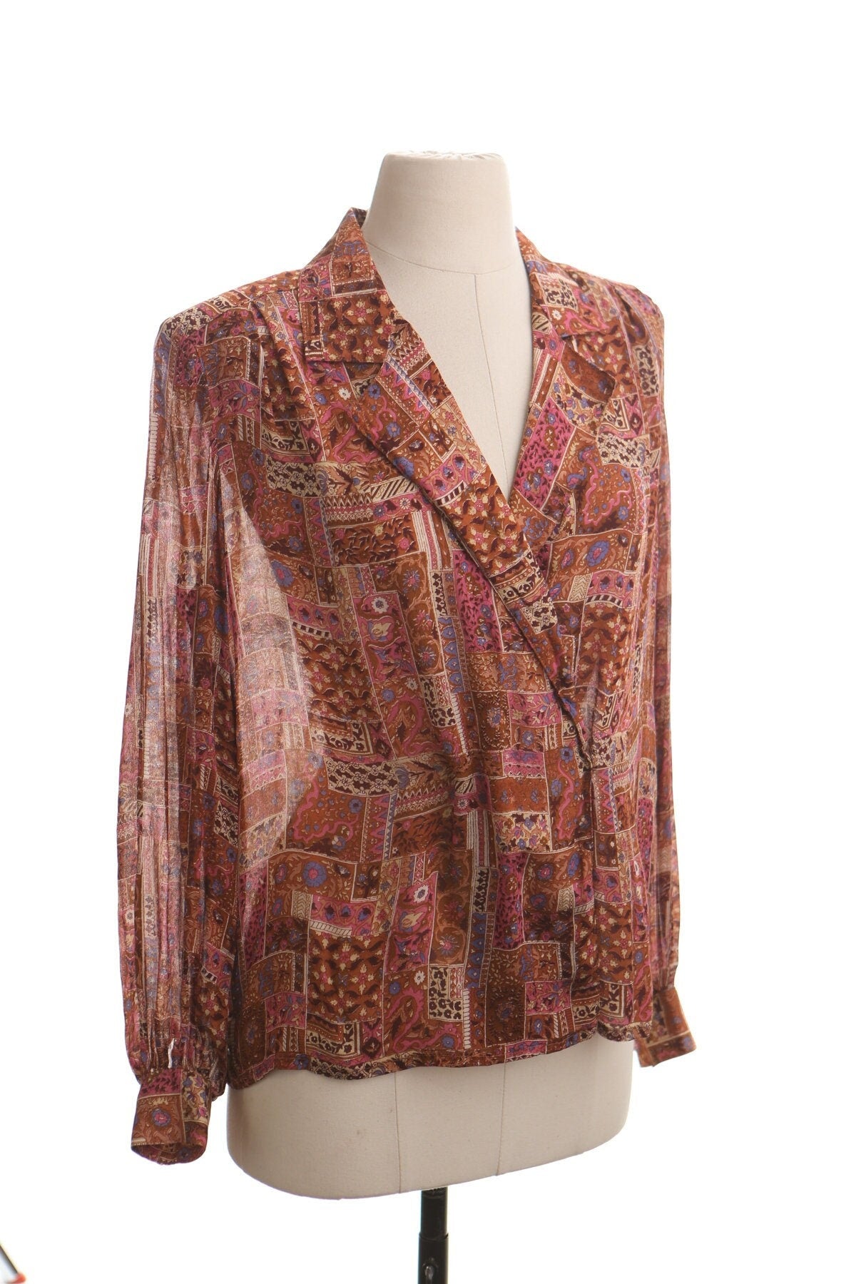 Vintage women brown pink blouse blazer block print floral 90's