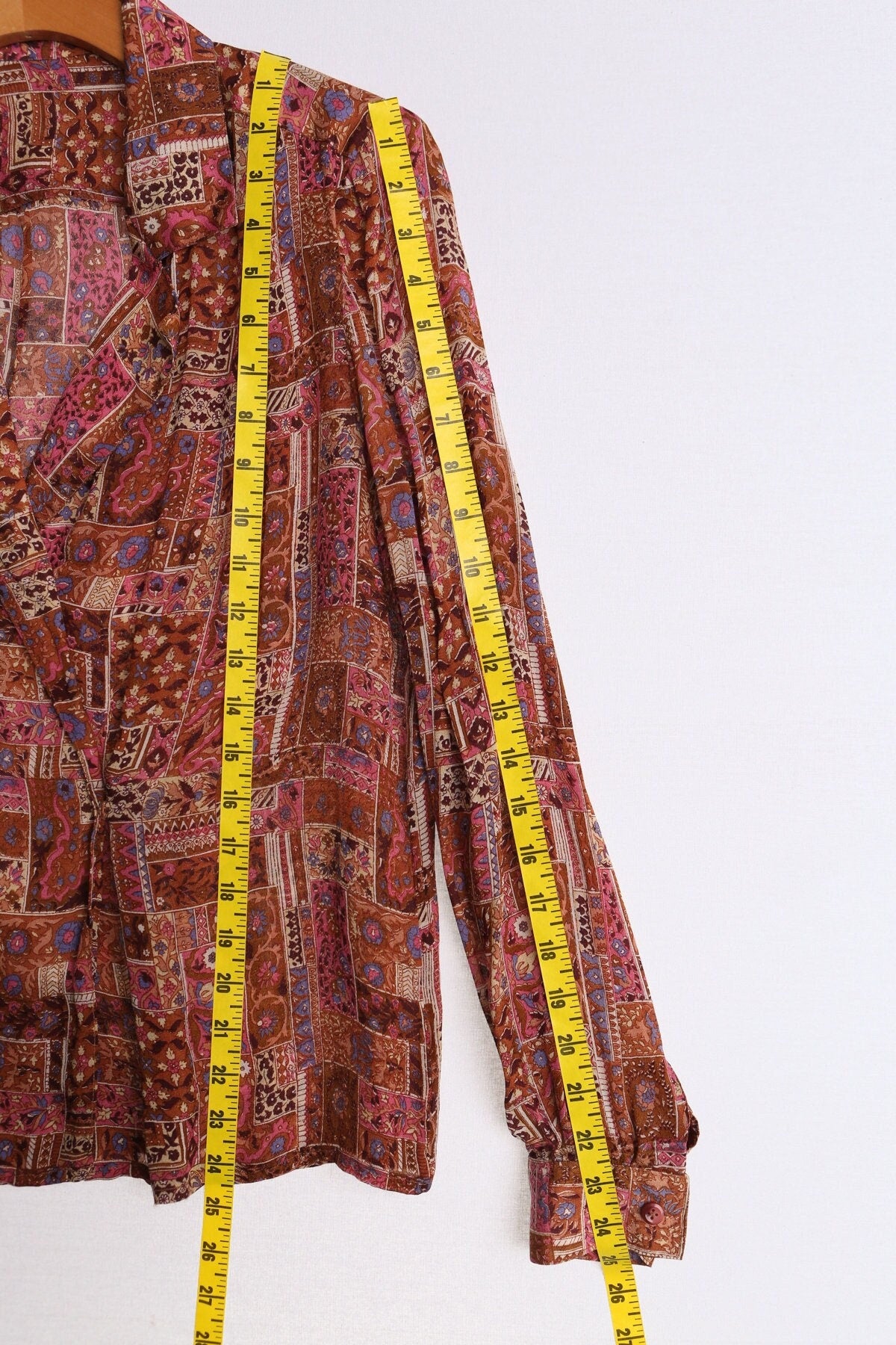 Vintage women brown pink blouse blazer block print floral 90's