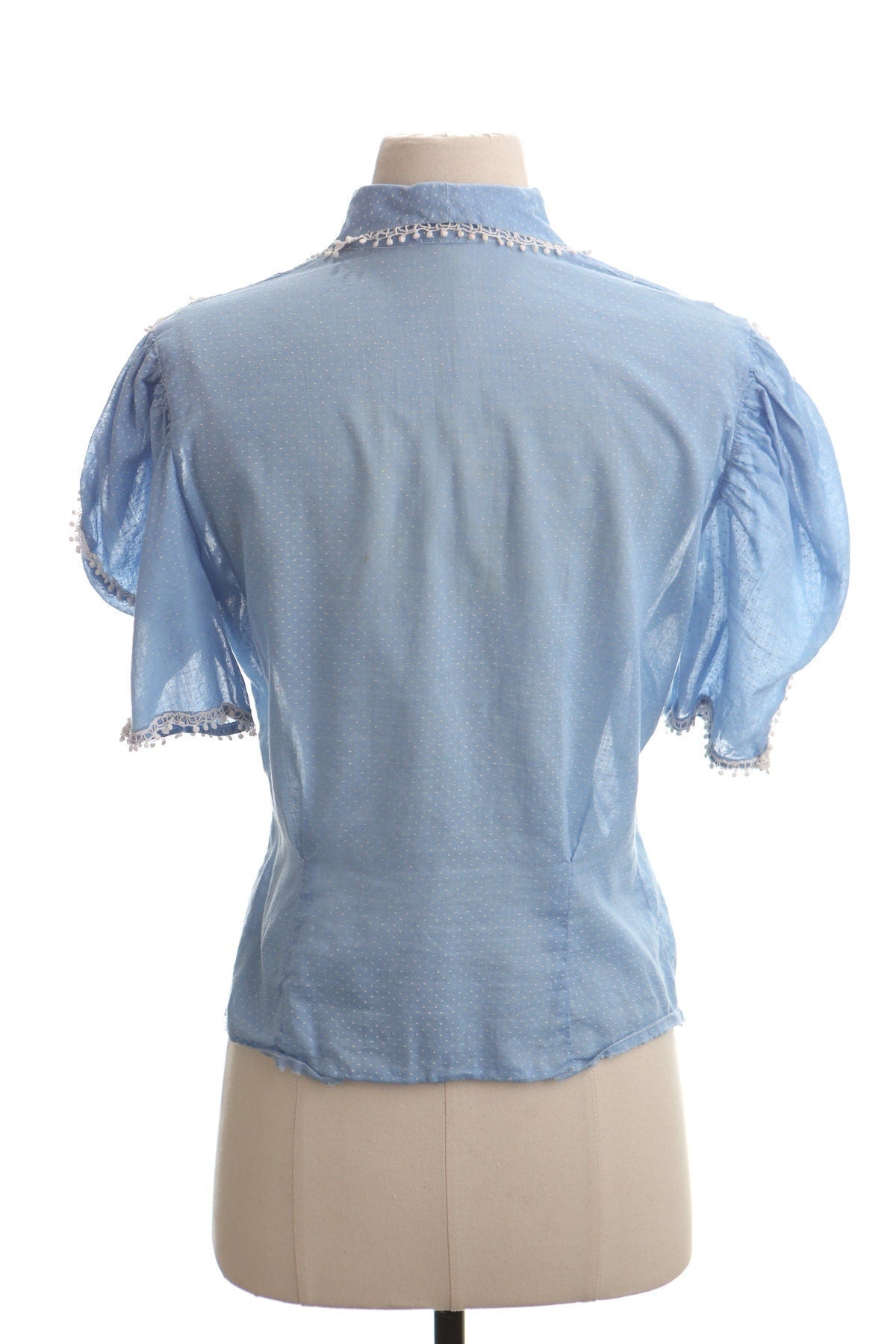 Vintage women blouse western polka dot blue 50's cotton top embroidered
