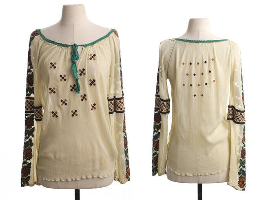 Vintage women embroidered top blouse ethnic hippie boho beige long sleeve